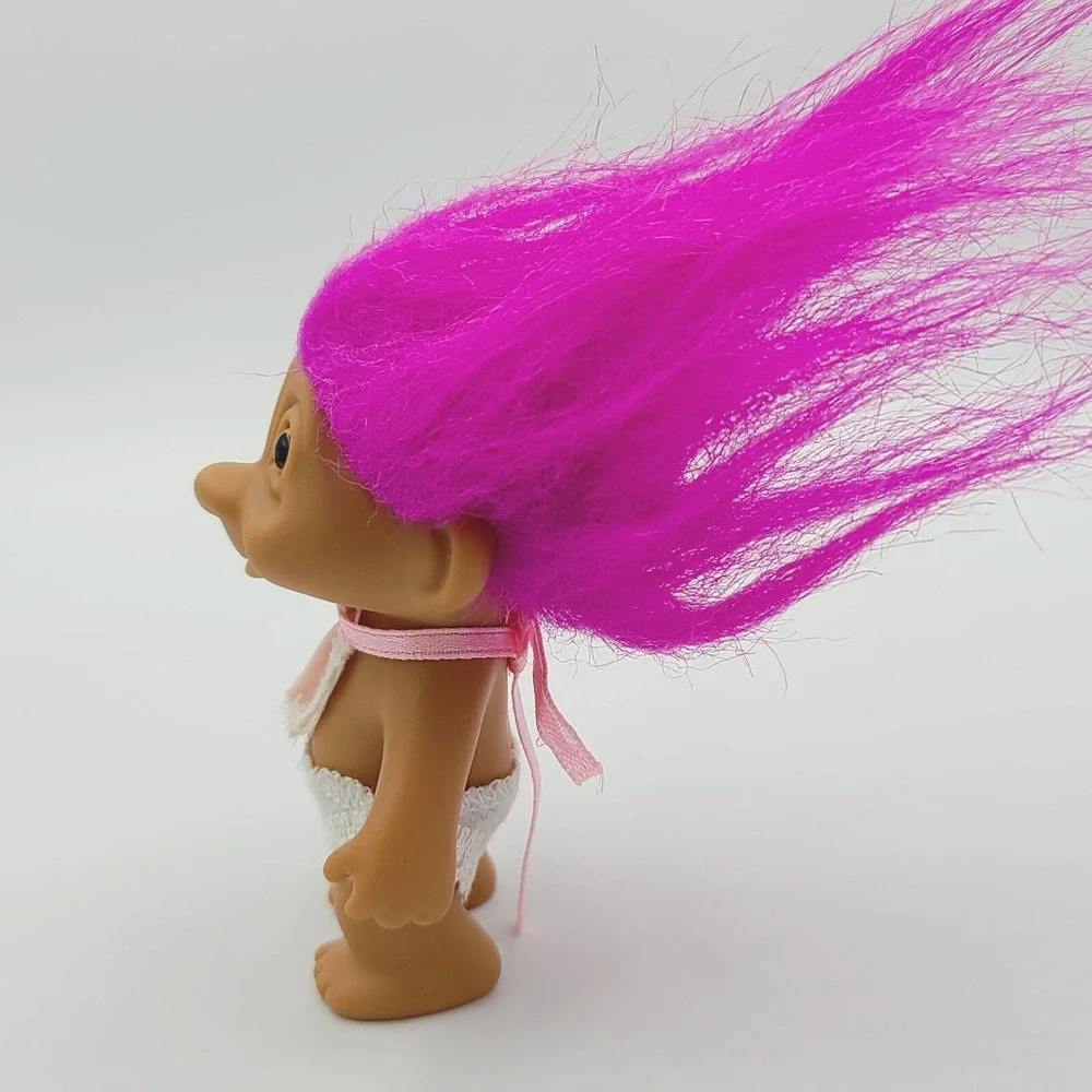 Vintage Russ Small Troll Doll Fuchsia Pink Hair Pink Bib White Diaper Baby 1990s